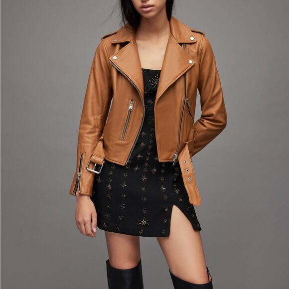 All Saints Balfern Leather Jacket Women US00 Moto Tan Camel Mustard - Picture 3 of 8